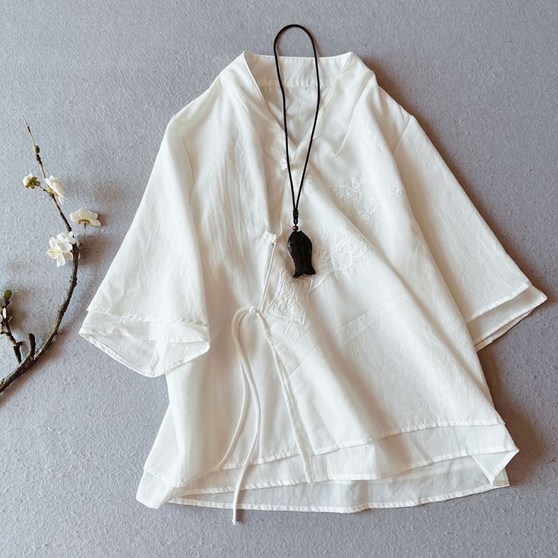 CosmoCorner - Effen Hanfu-blouse met 3/4 mouwen en V-hals