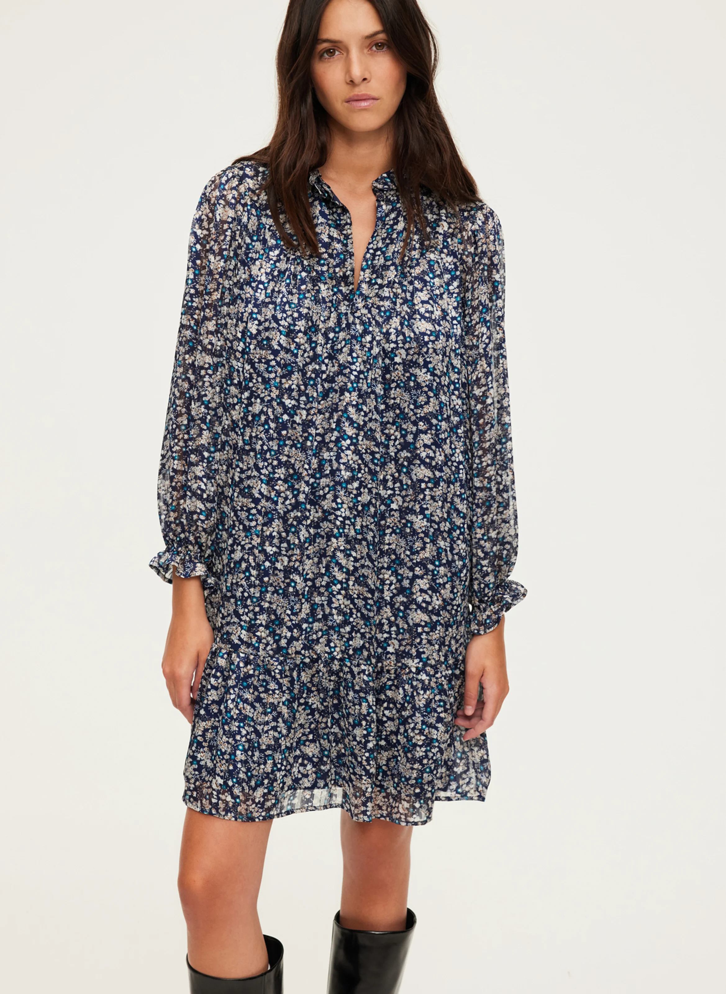 SAMARE - Robe courte col victorien à imprimé fleuri | Bleu