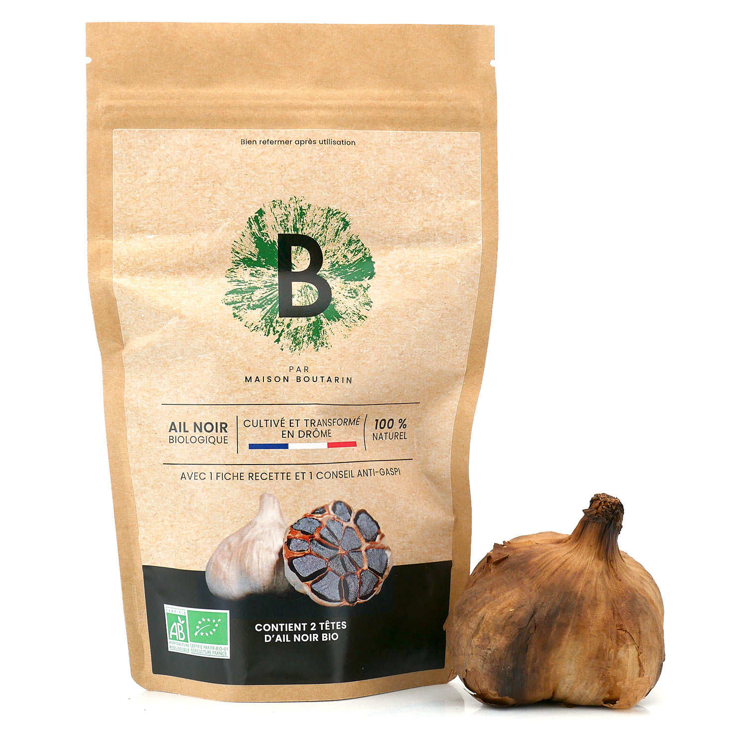 Sachet de 2 têtes d'ail noir bio cultivé et transformé dans la Drôme