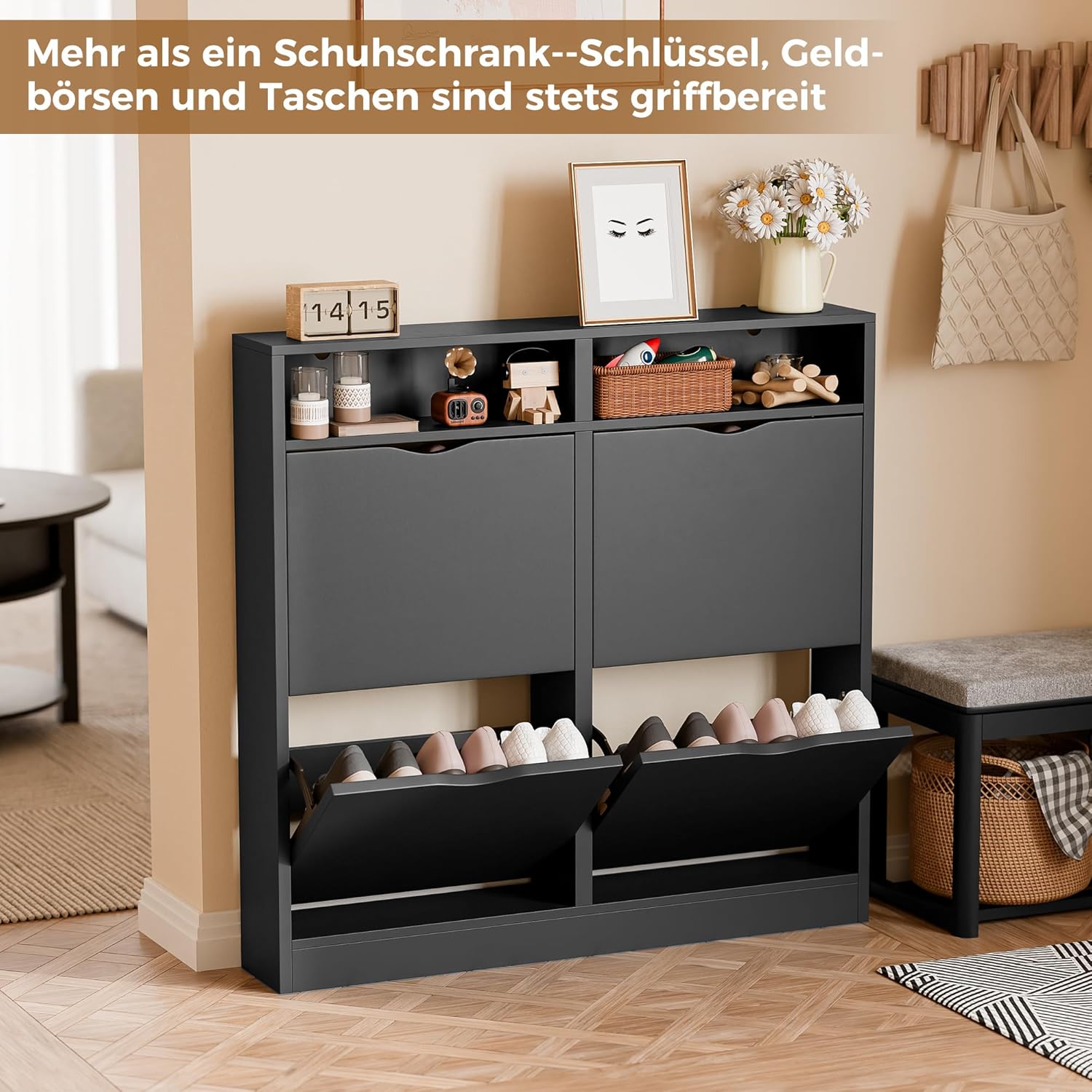 ELUCHANG Schuhschrank schmal mit 4 Klappen Platzsparender, Geschlossen Schuhregal Schuhkipper Schuhkommode mit 4 Ablagen, Shoe Cabinet Flurschrank für Diele/Flur/Garderobe, Schwarz