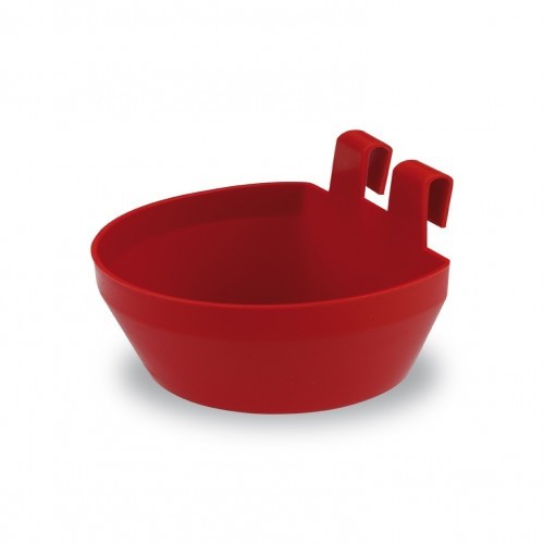 Alimentador de pássaros de plástico vermelho com ganchos.