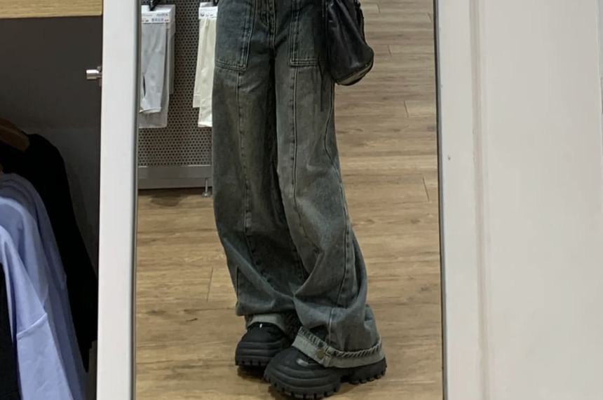 Coline - Mid Waist Washed Wide Leg Jeans