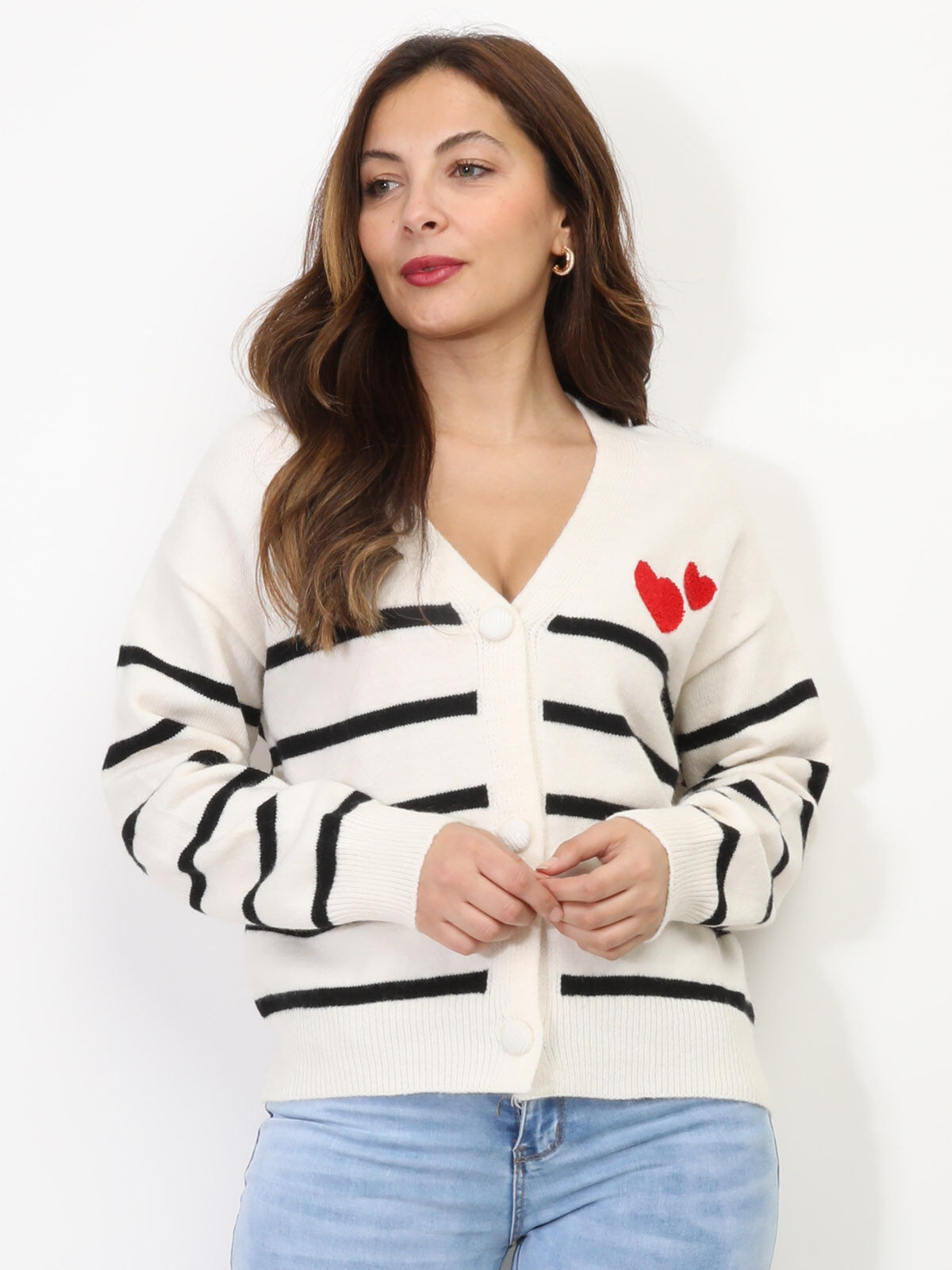 Cardigan marinière et cœurs- Blanc