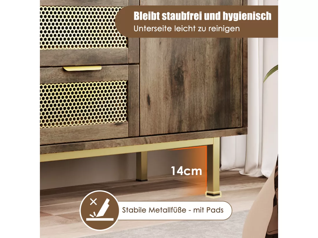 Commode avec 3 tiroirs et 2 portes, 120 x 40 x 76 cm, Panneaux de particules + métal, Marron foncé