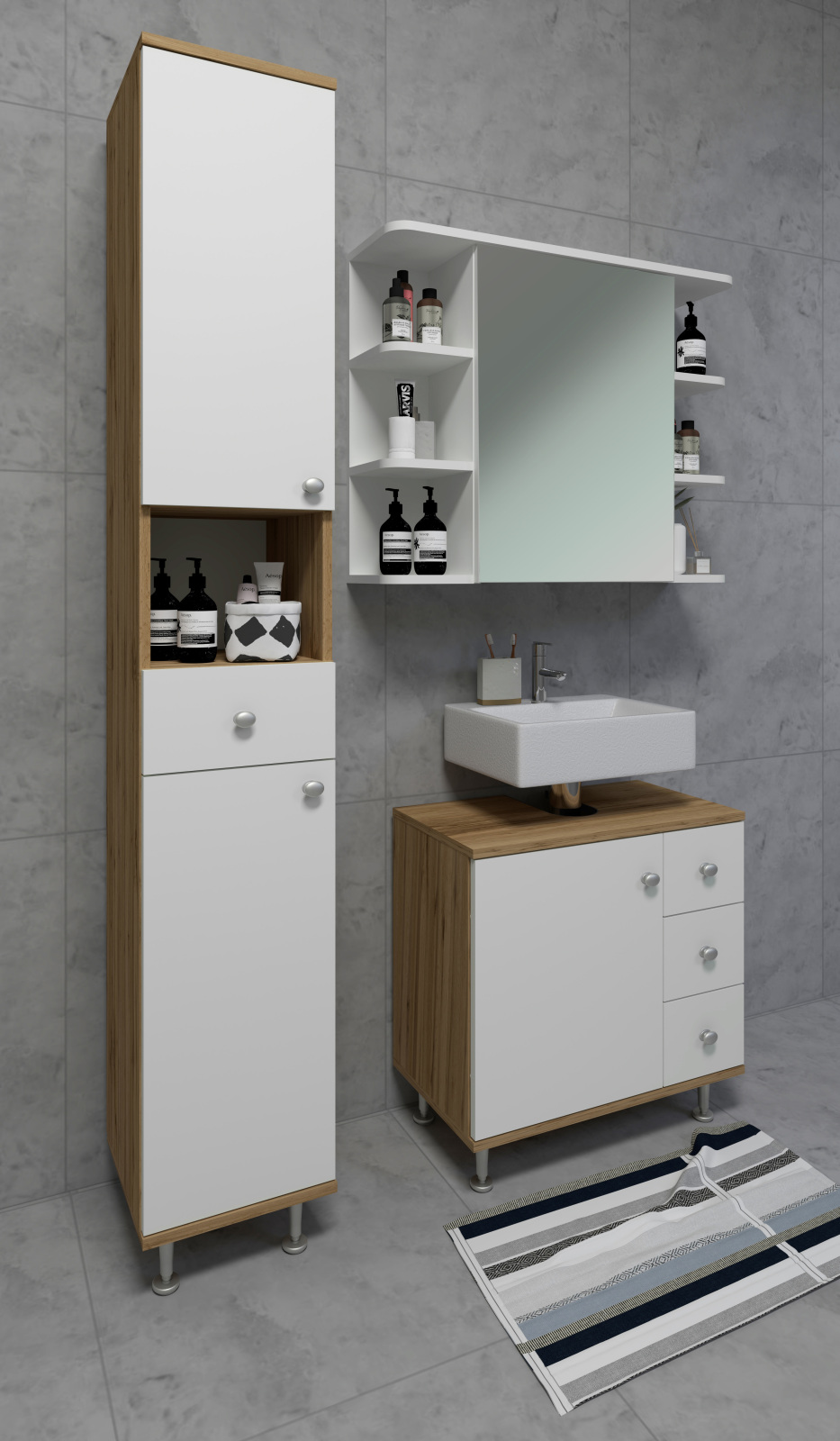Hochschrank NILOSI - Honig Eiche-weiß - 30 cm breit