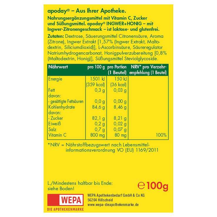 Apoday Ingwer + Honig + Vitamin C Pulver, 10X10 g