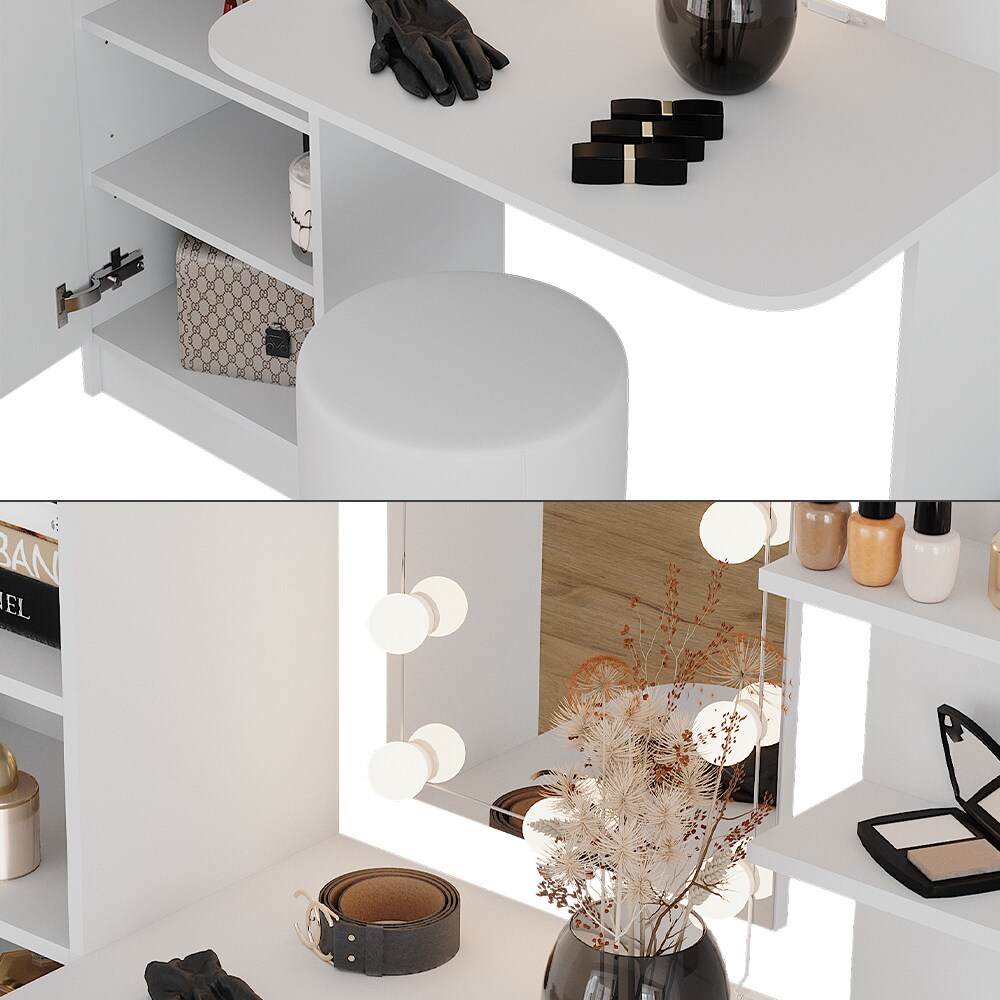 Vicco Schminktisch Jasmin Weiß 123 cm mit LED-Beleuchtung und Hocker