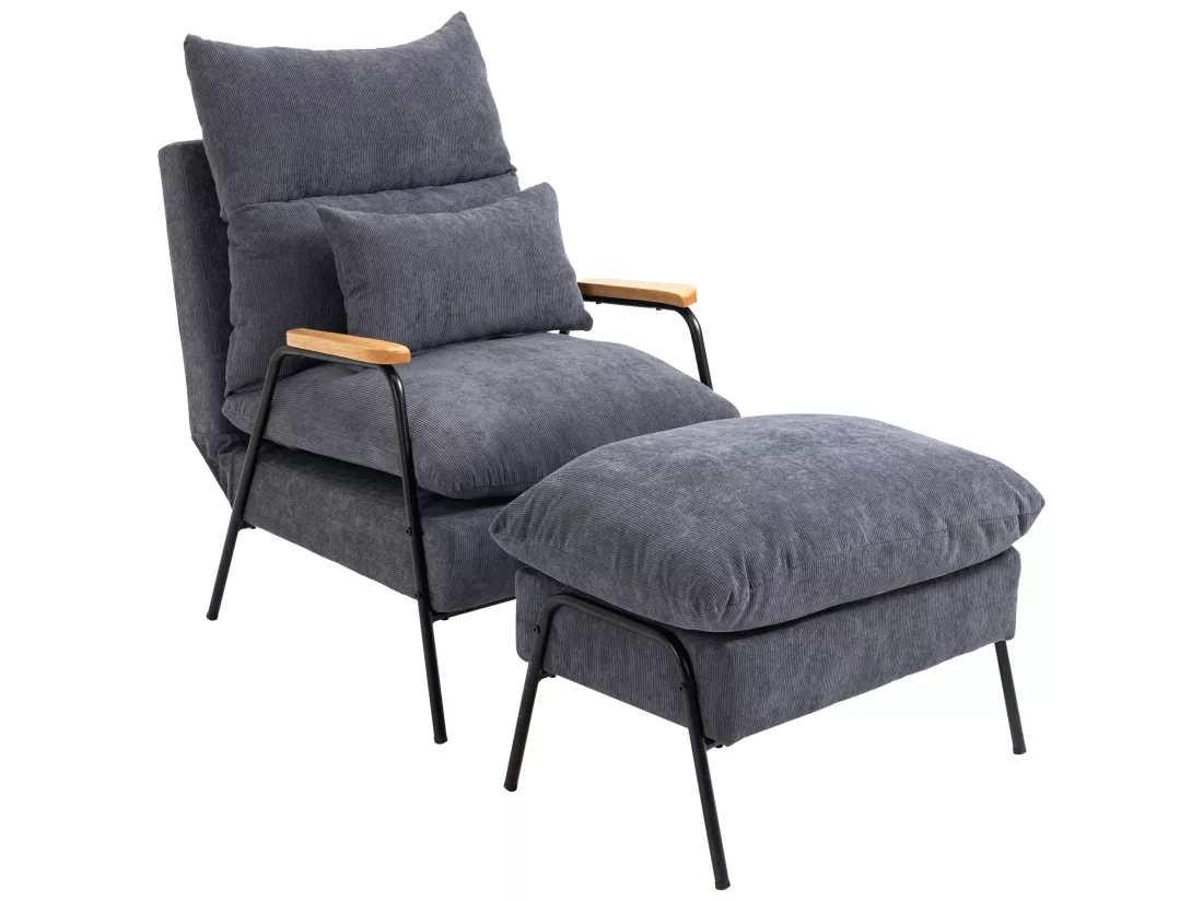 Fauteuil lounge style néo-rétro avec repose-pied - dossier inclinable - structure acier noir accoudoirs bois hévéa revêtement velours cotelé gris