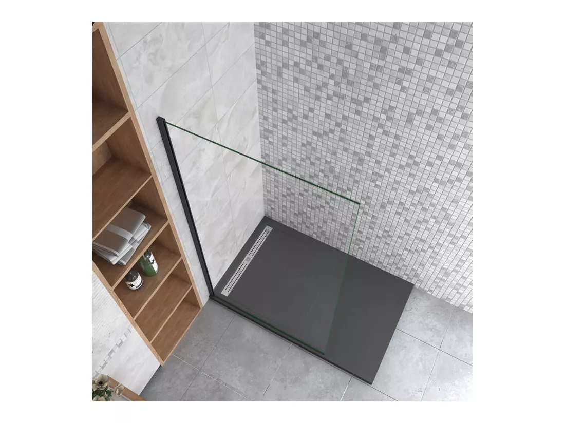 Paroi de douche fixe à l'italienne 100x200cm - Noir Mat - Verre 8mm anticalcaire, sans barre de fixation