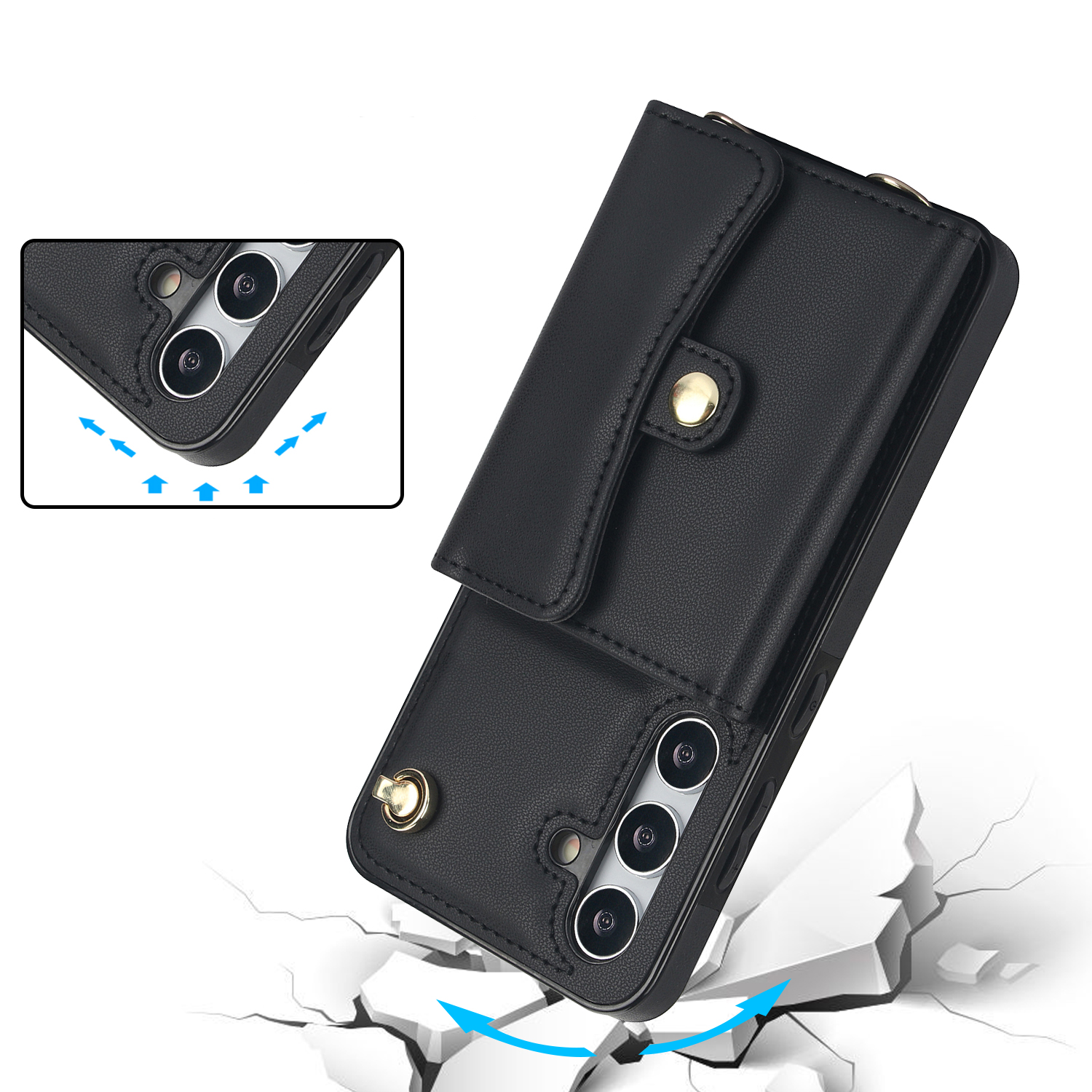 Samsung Galaxy S24 Necklace Leder Schutz Hülle mit Kartenfach   Handykette (140cm) - Schwarz