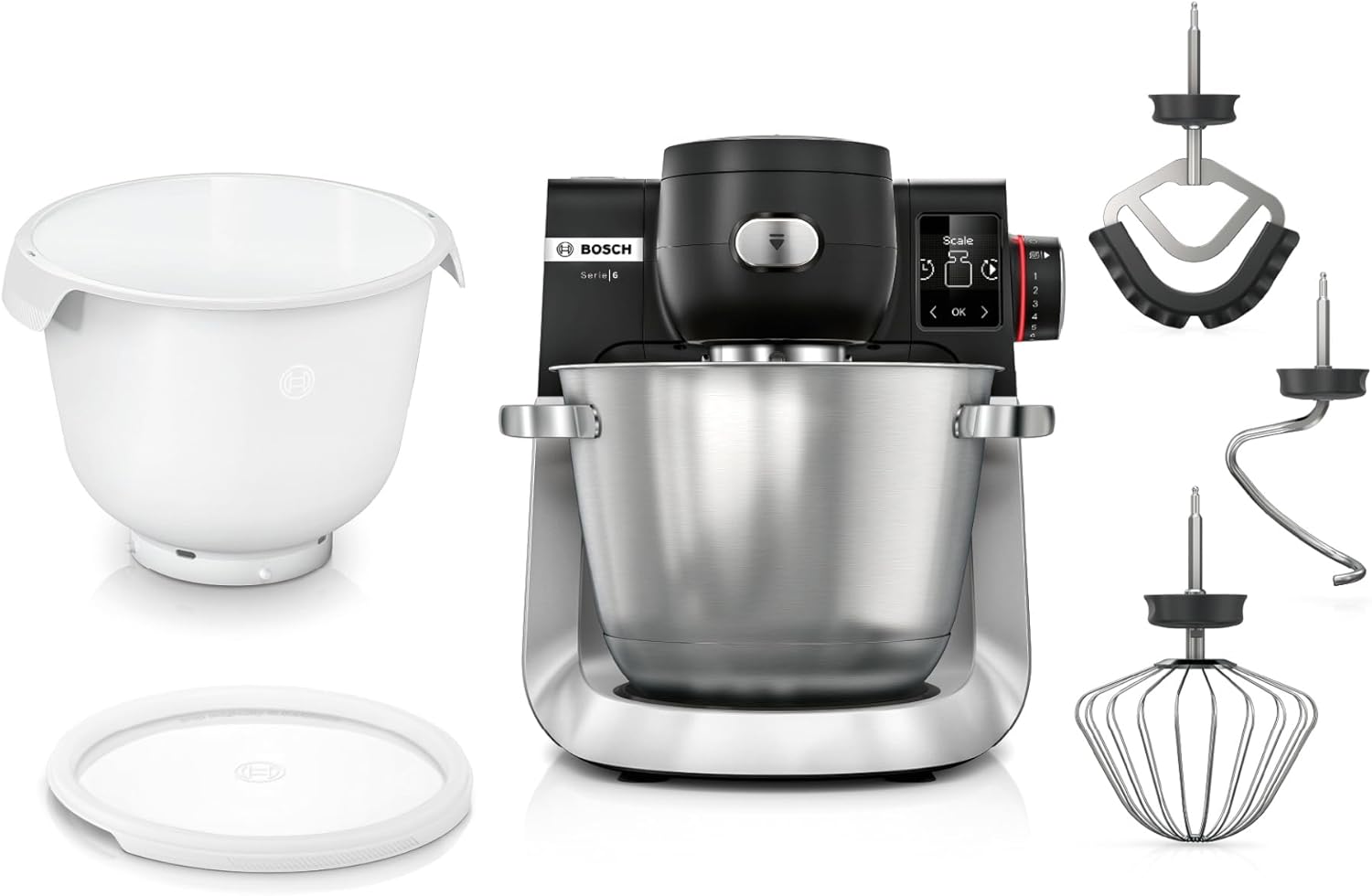 Bosch Küchenmaschine Serie 6, 2 Schüsseln 5,5 l (Edelstahl, Kunststoff), integr Waage, 7 Automatikprogramme, 7 Stufen, Planetenrührwerk, Knethaken/Rühr-/Silikonbesen spülmaschinenfest, MUMS6ZS18