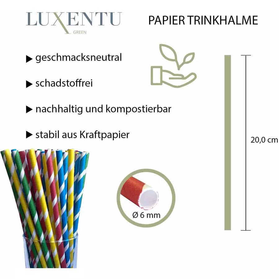Luxentu Papier-Trinkhalme gestreift 20 cm 100er Set bunt