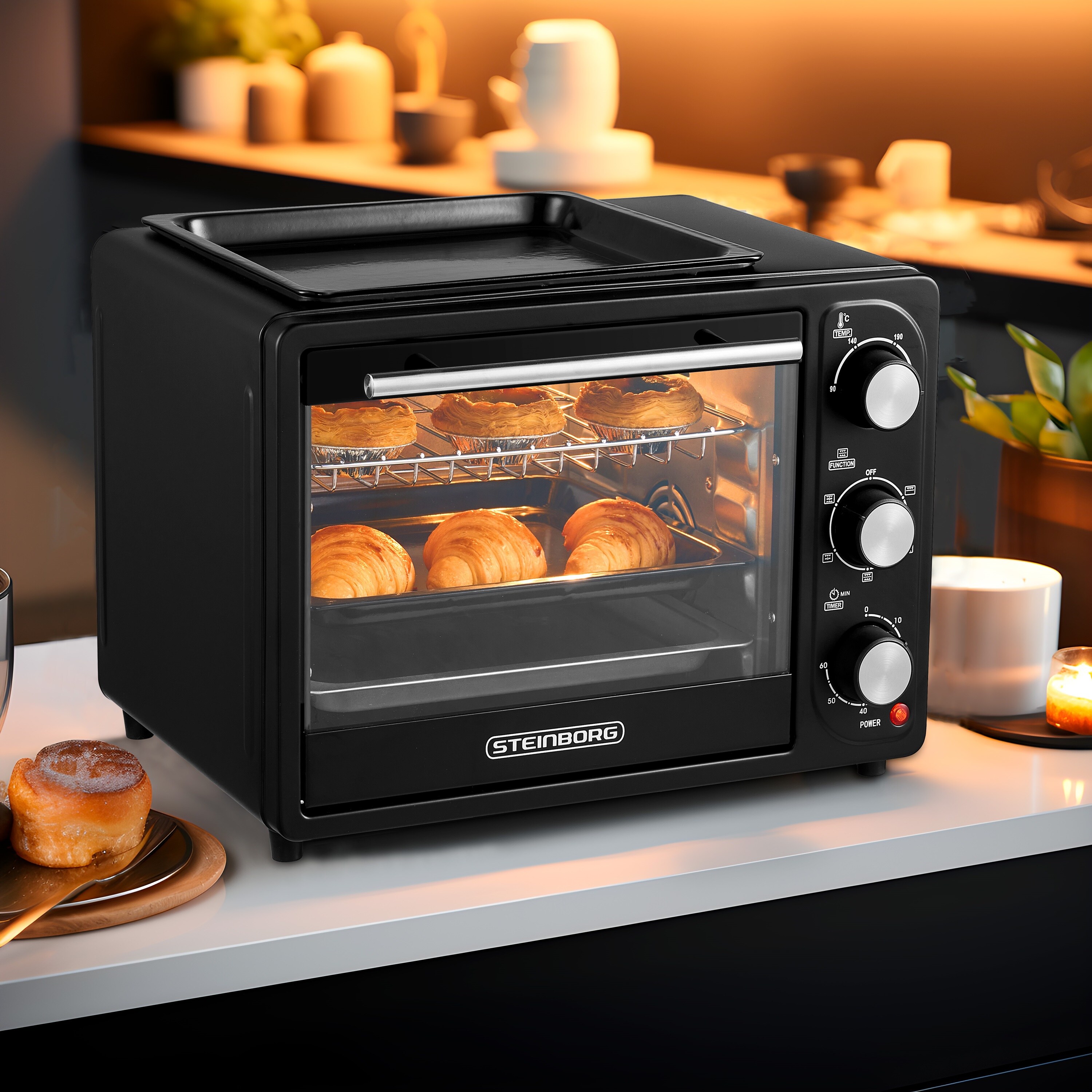Steinborg 3in1 Minibackofen 20L mit Grillplatte Umluft 1300W schwarz