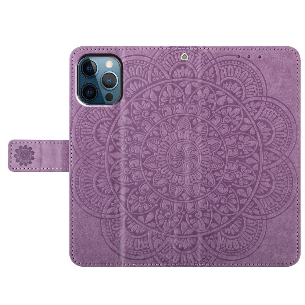 iPhone 16 Pro Leder Tasche Wallet - Mandala Flowers Imprint - Lila