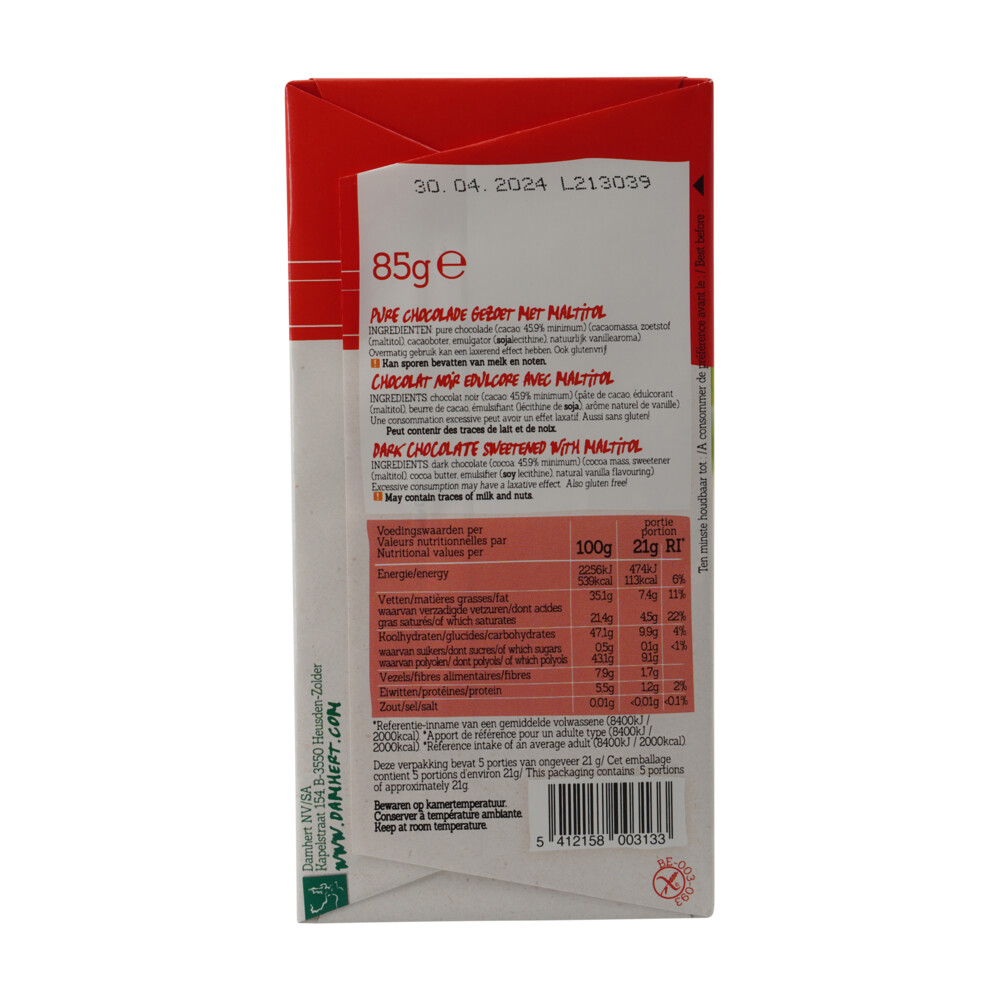 3x Damhert Chocoladetablet Fondant Zonder Suikers85 gr