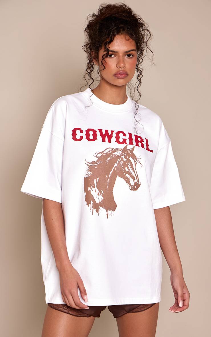 Blanc T-shirt Oversize En Coton Épais Avec Motif Cow-girl