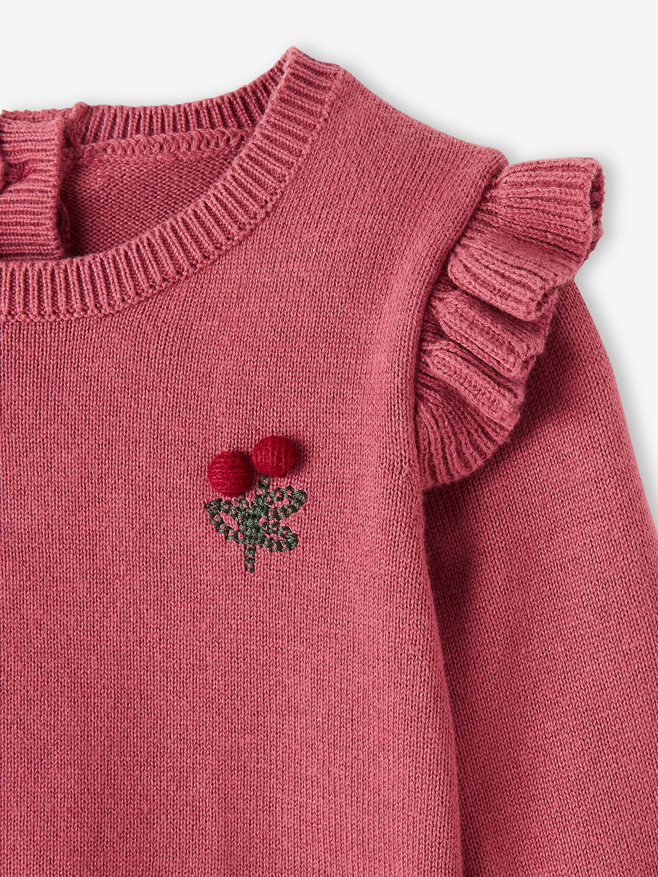Vestido cor cereja com babados e pompons, para bebês rosa.