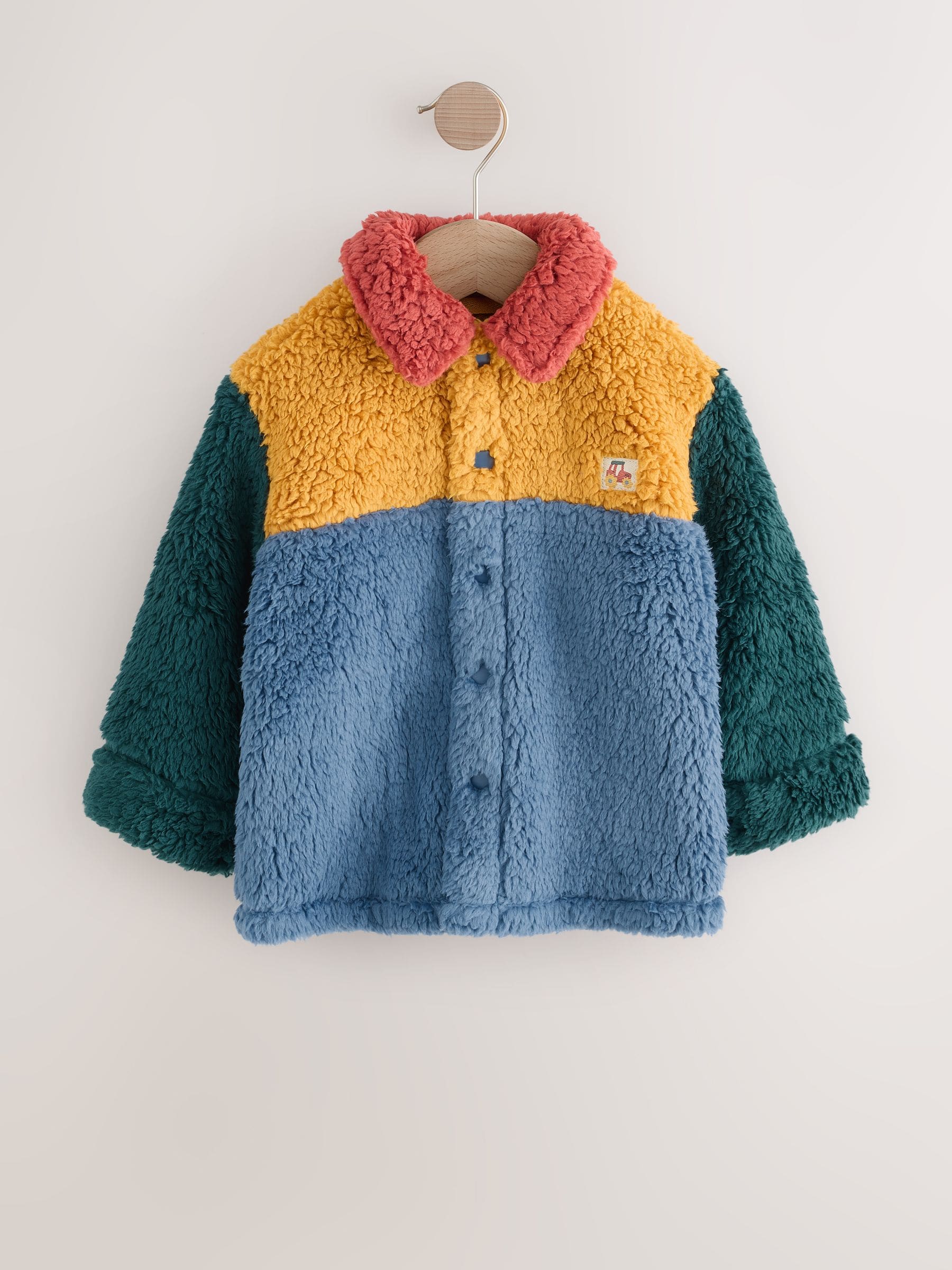Helder blauw/geel kleurblok - Fleece shacket van borg (3 mnd - 7 jr)