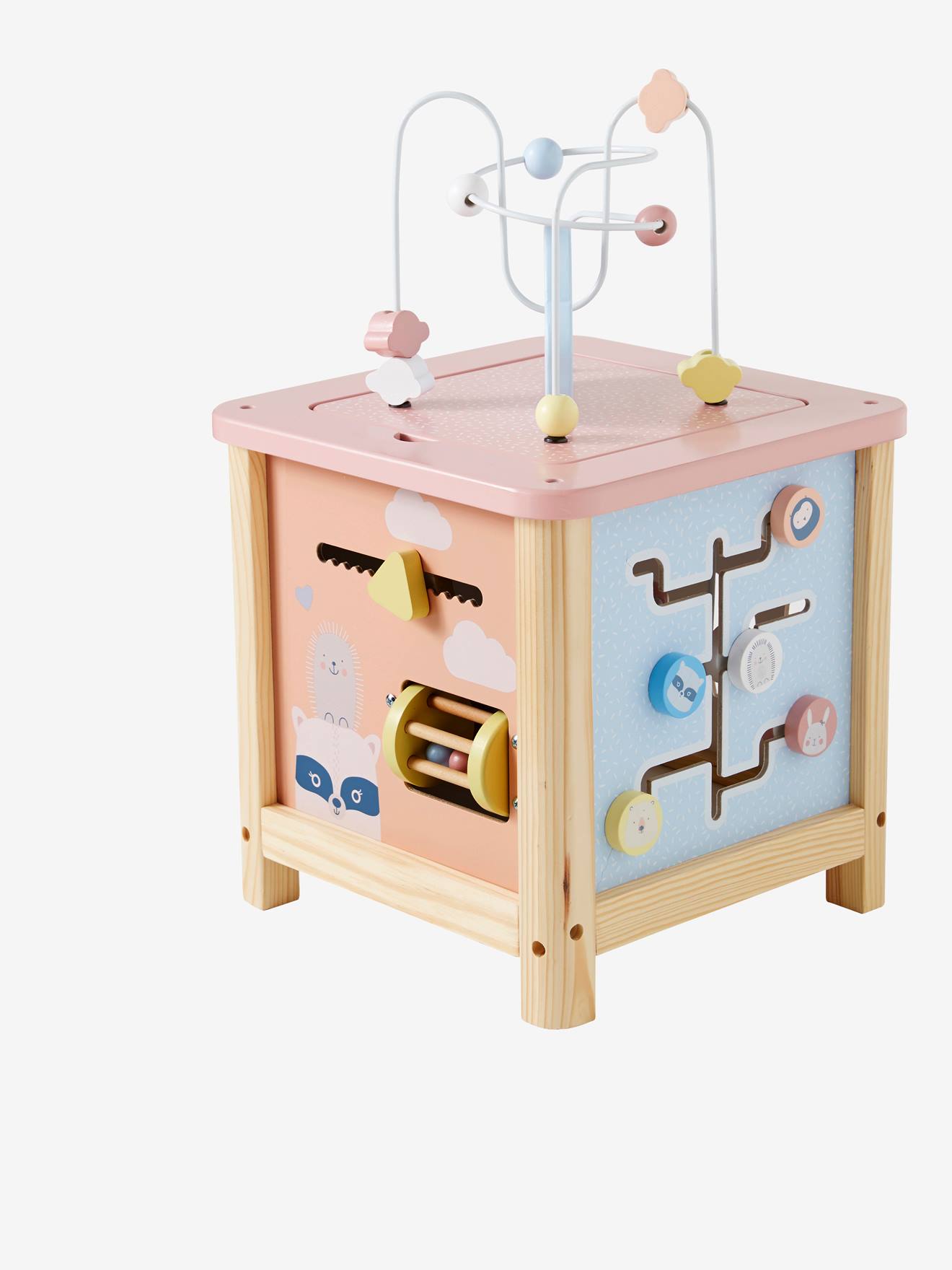 Cubo de atividades grande, feito de madeira com certificação FSC®. Rosa