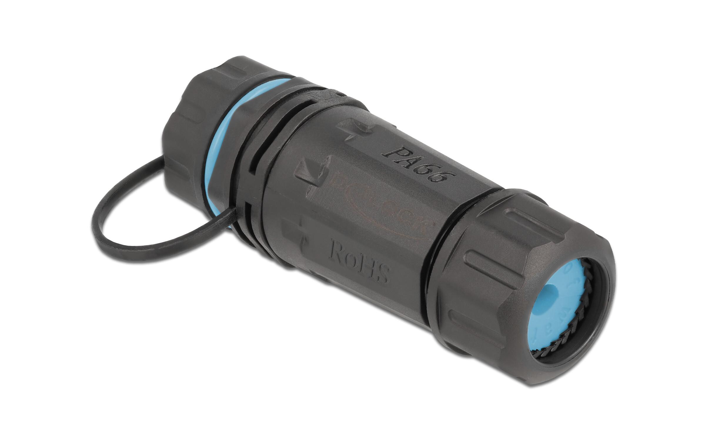 Kupplung RJ-45, Cat.6A, Blau, wasserfest, 1 StückDelock Kabelverbinder RJ45 Buchse zu RJ45 Buchse Cat.6A mit Gehäuse und Verschlusskappe wasserfest