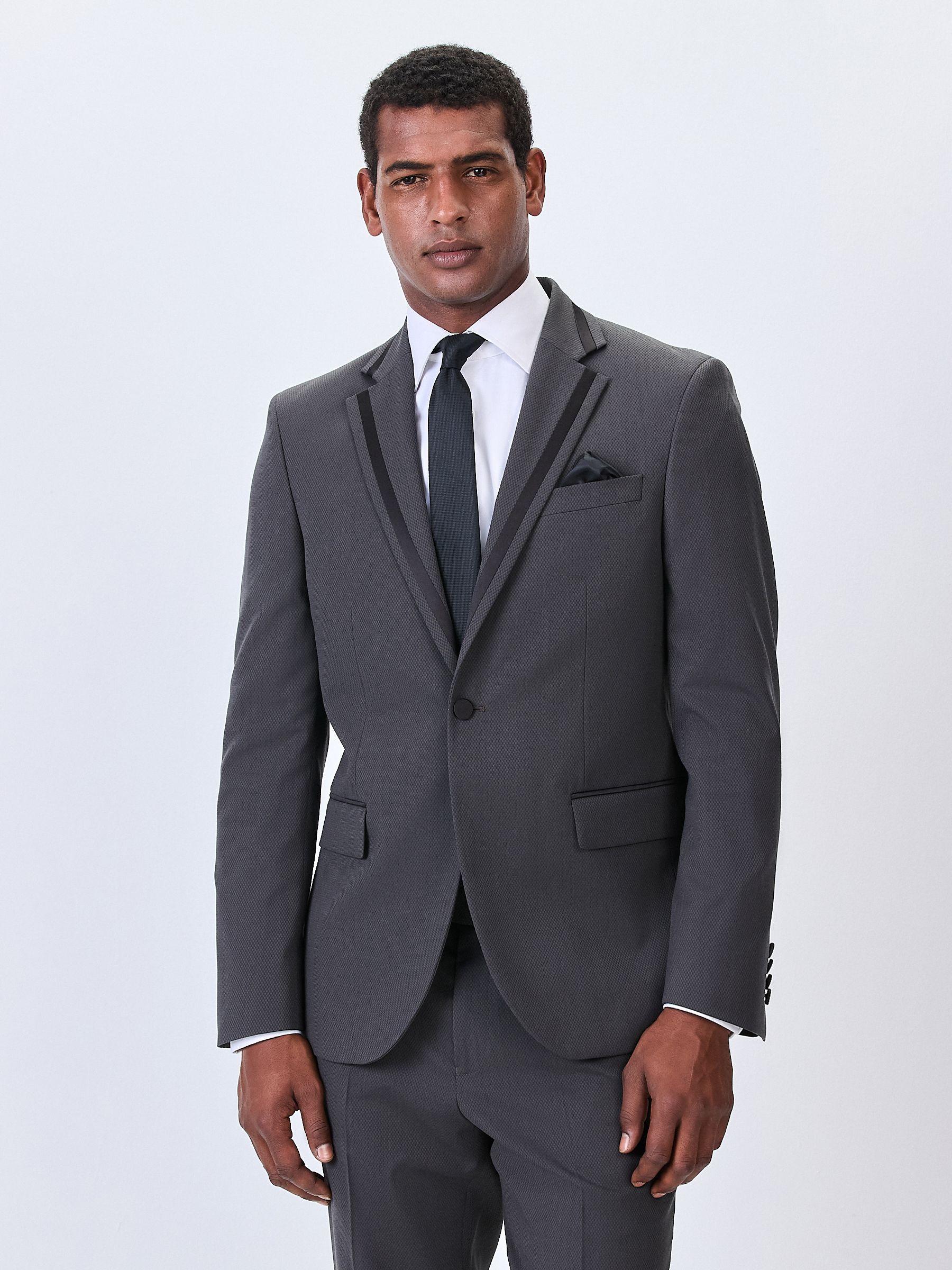 Antraciet - Strakke Pasvorm - Inset Lapel Detail Tuxedo Suit Jacket