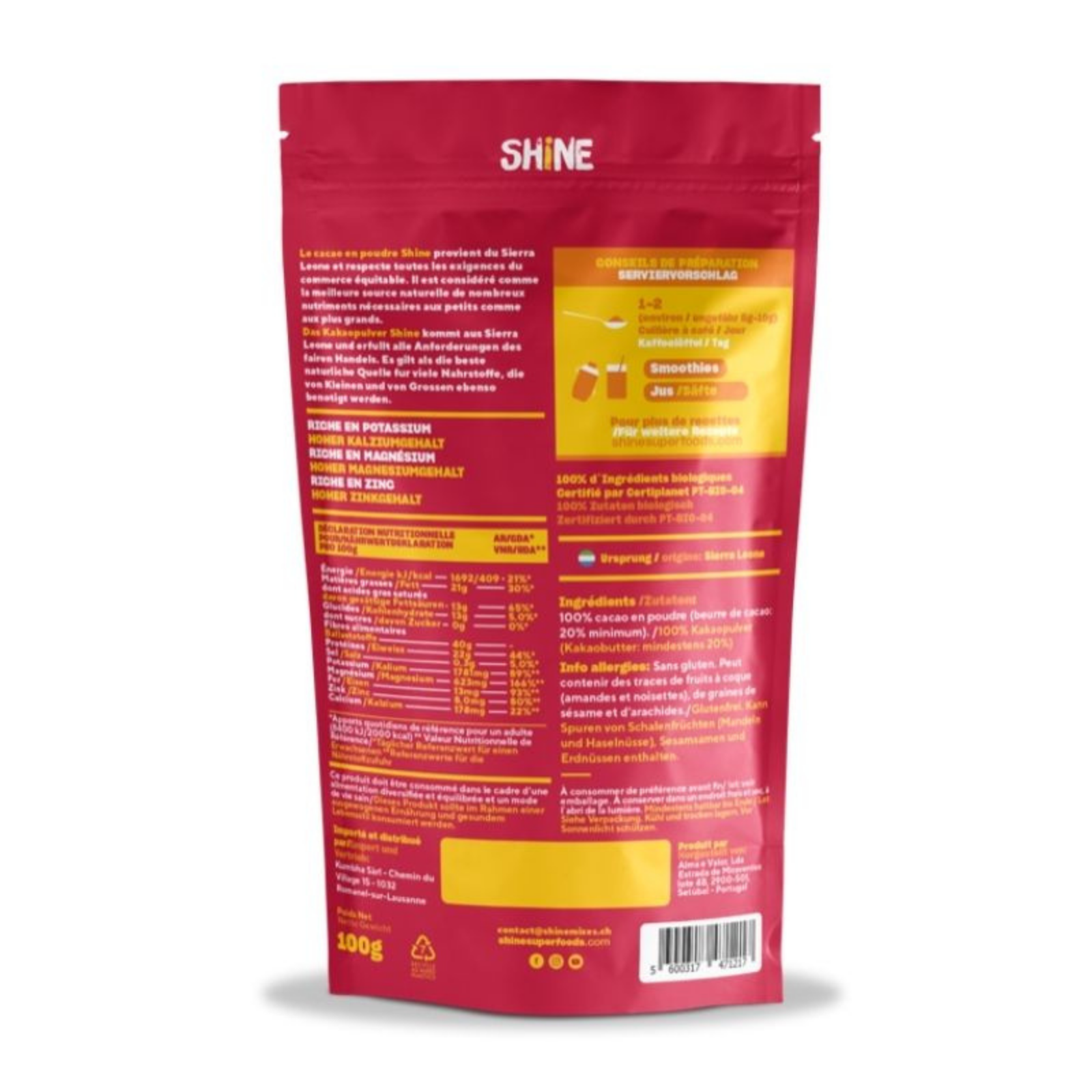 SHINE Rohes Kakaopulver Plv BIO Btl 100 g