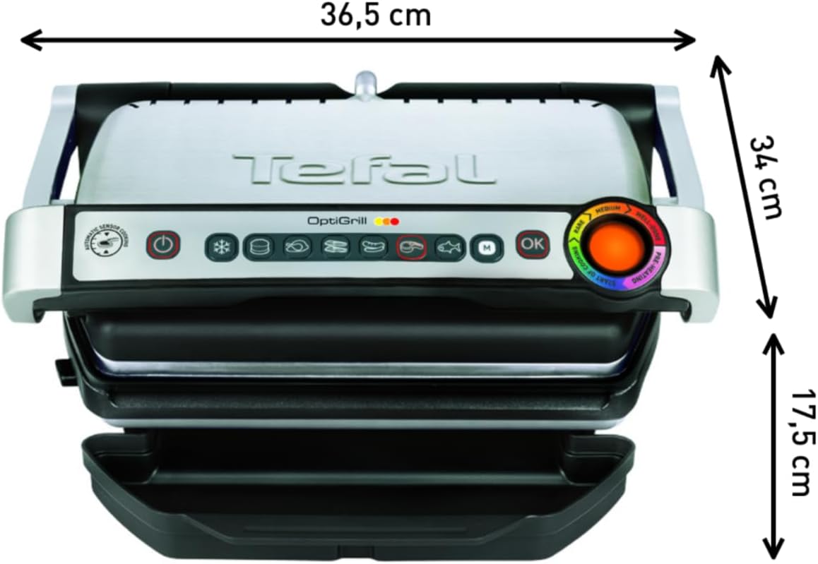 Tefal OptiGrill Kontaktgrill, 6 automatische Programme, Garstufenanzeige, passt Temperatur und Grillzyklus ans Grillgut an, antihaftbeschichtete abnehmbare Platten, Elektrogrill, Edelstahl, GC705D16