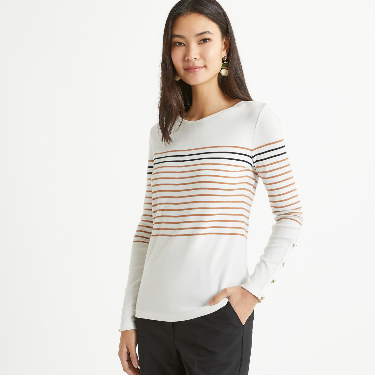 ANNE WEYBURN<br>Camiseta listrada, gola redonda, mangas compridas