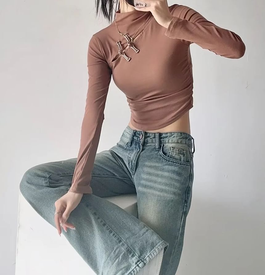Reknovine - Top met lange mouwen, mockneck, effen uitsparing en gerimpelde sluiting met kikkermotief