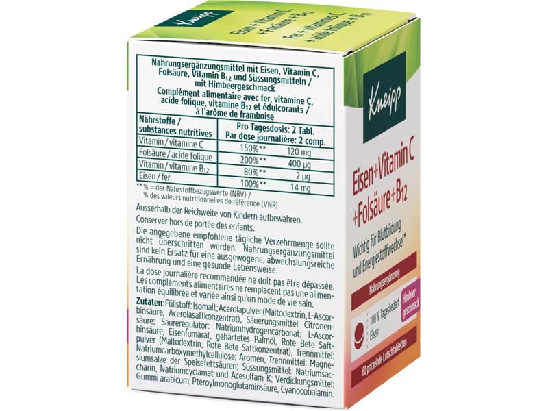 Kneipp Tablette Eisen   Vitamin C, Folsäure und B12 60 Stüc Vegane Nahrungsergänzung mit Eisen und Vitamin C