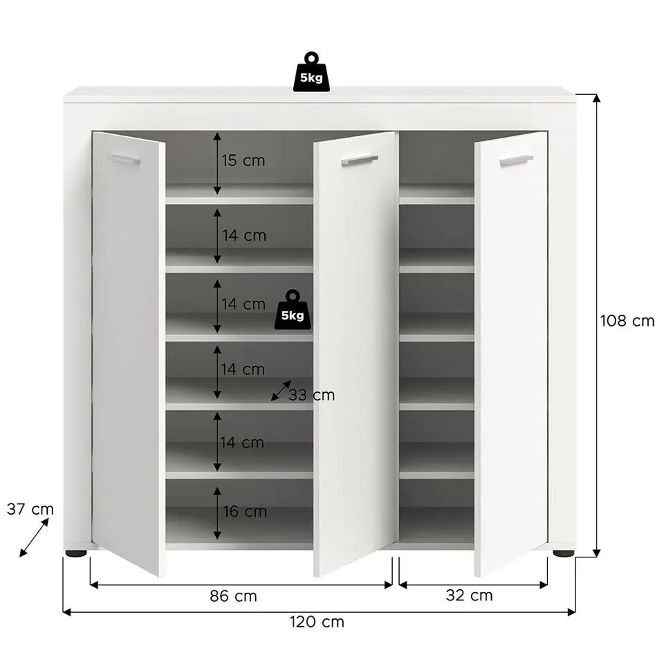 Hioshop Jam schoenenkast 3 deuren wit