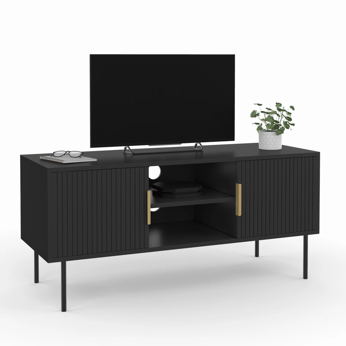 Meuble TV 110 cm MARCEL 2 portes lattes tasseau bois noir