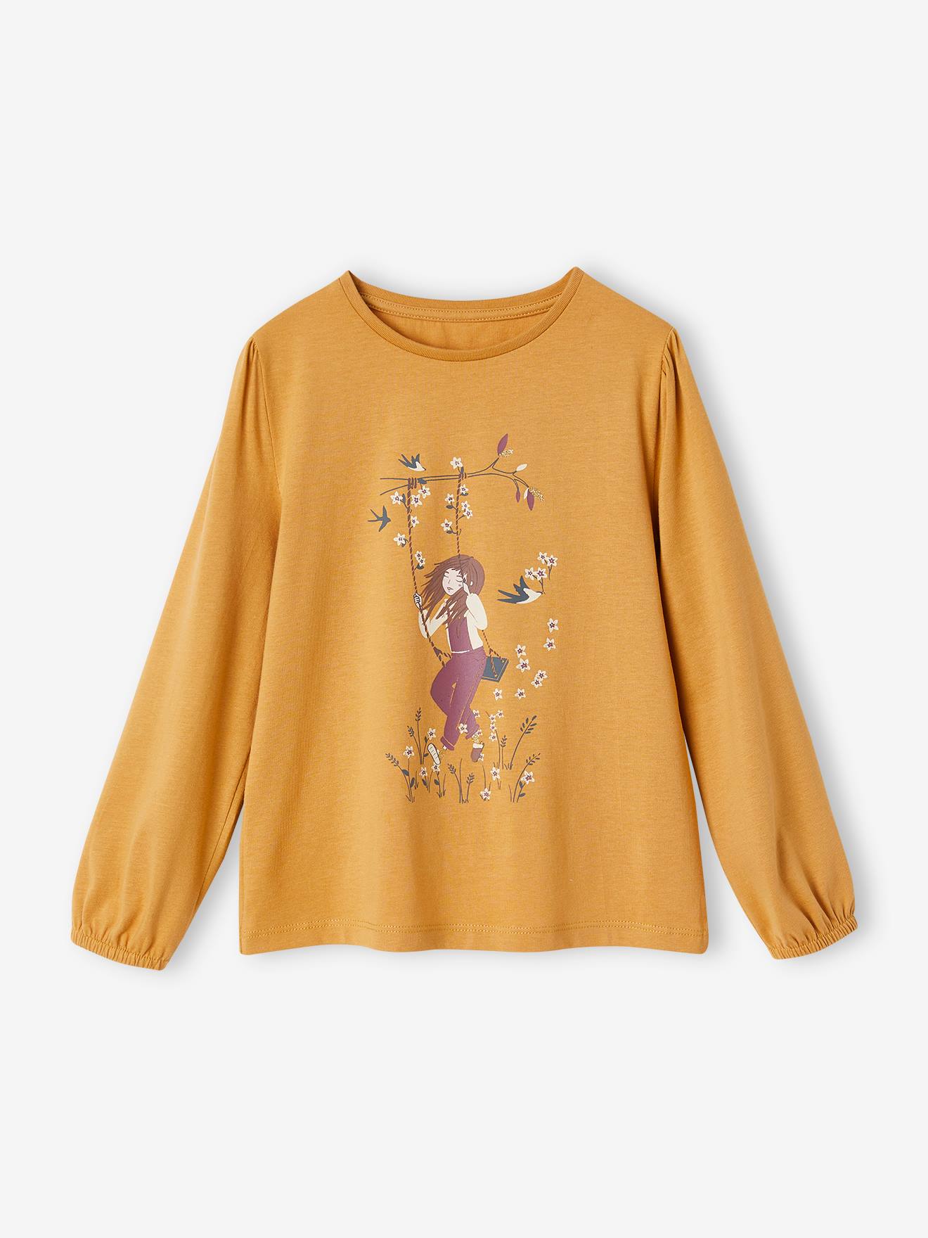 Camiseta de manga comprida cor mostarda com estampa inspiradora para meninas