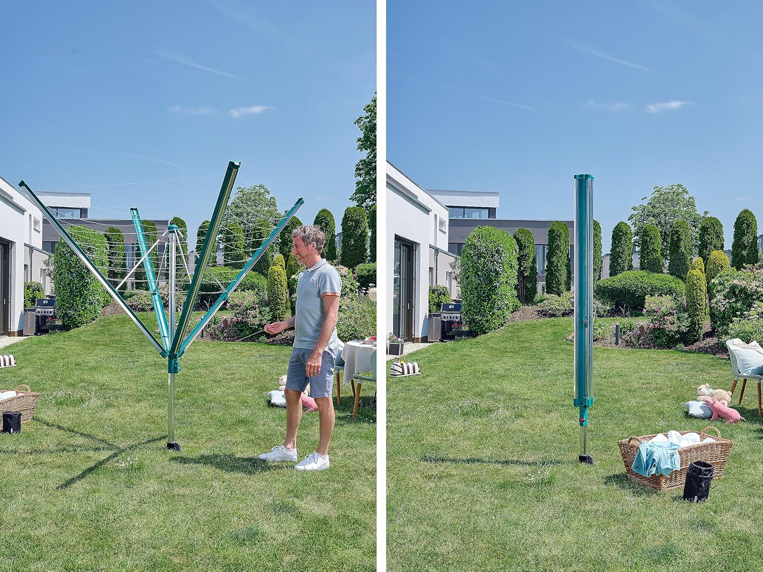 Leifheit Wäschespinne Linomatic 600 Deluxe Cover mit Leineneinzug für saubere Wäsche, Wäscheschirm für die ganze Familie, Wäscheständer inkl. Bodenhülse und Schutzhülle, 60m Leine für 6 Wäscheladungen