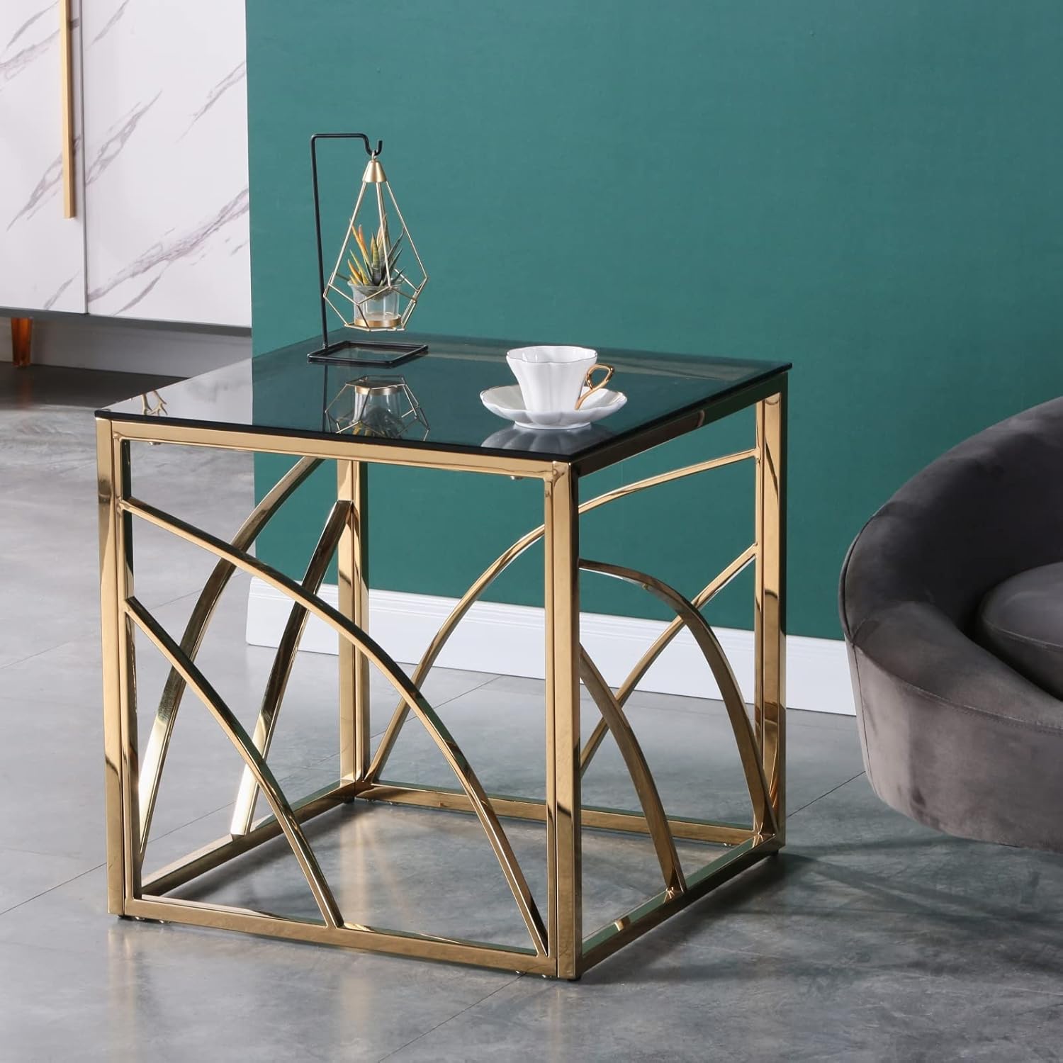 Beistelltische Couchtisch Sofatisch für Wohnzimmer, Schlafzimmer Küche Café und Bar, moderner Kaffeetisch mit Edelstahl Gestell und transparentem Hartglas (golden Grauer Glas)