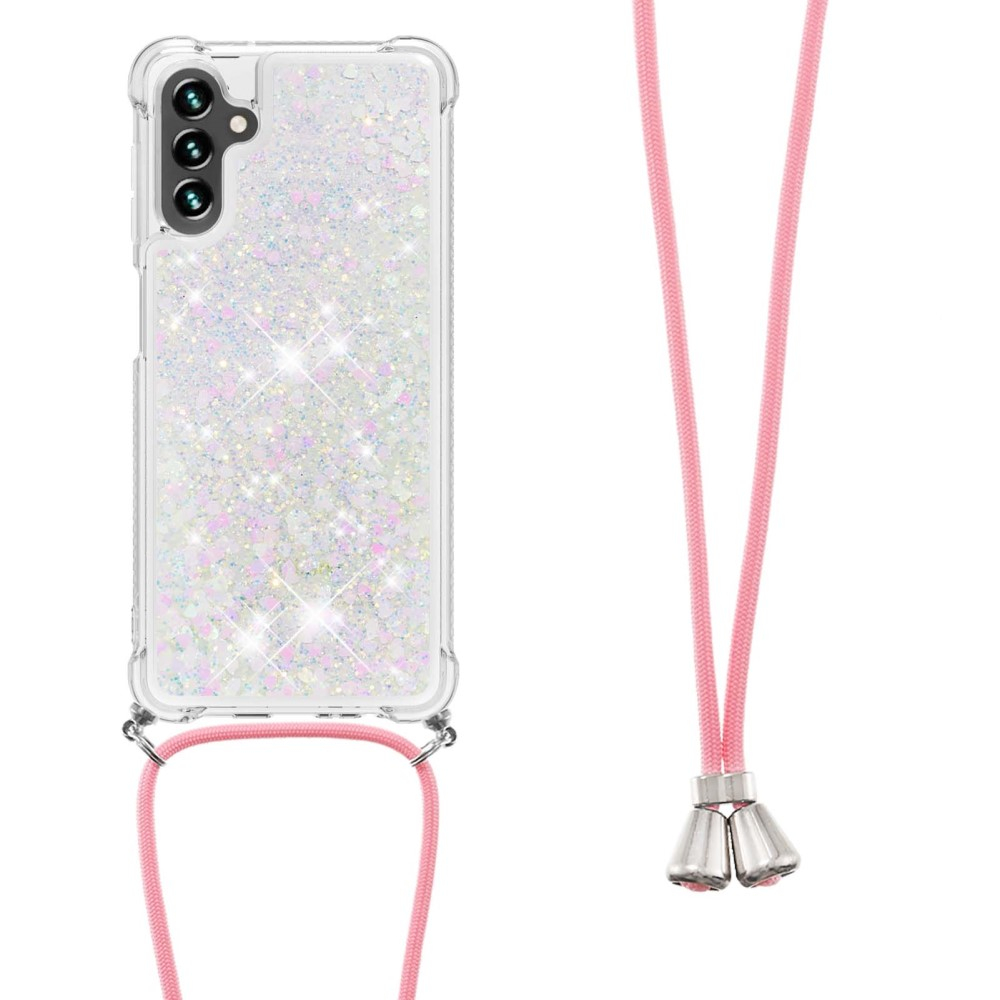 Samsung Galaxy A54 5G Necklace Gummi Hülle Liquid Glitzer   Handykette (130cm) - Rosa / Silber