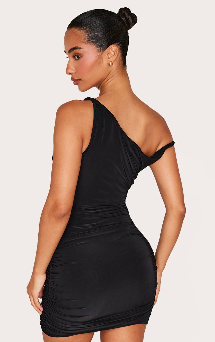 Noir Robe Courte Petite En Double Jersey Slinky À Encolure Asymétrique Avec Détail Torsadé