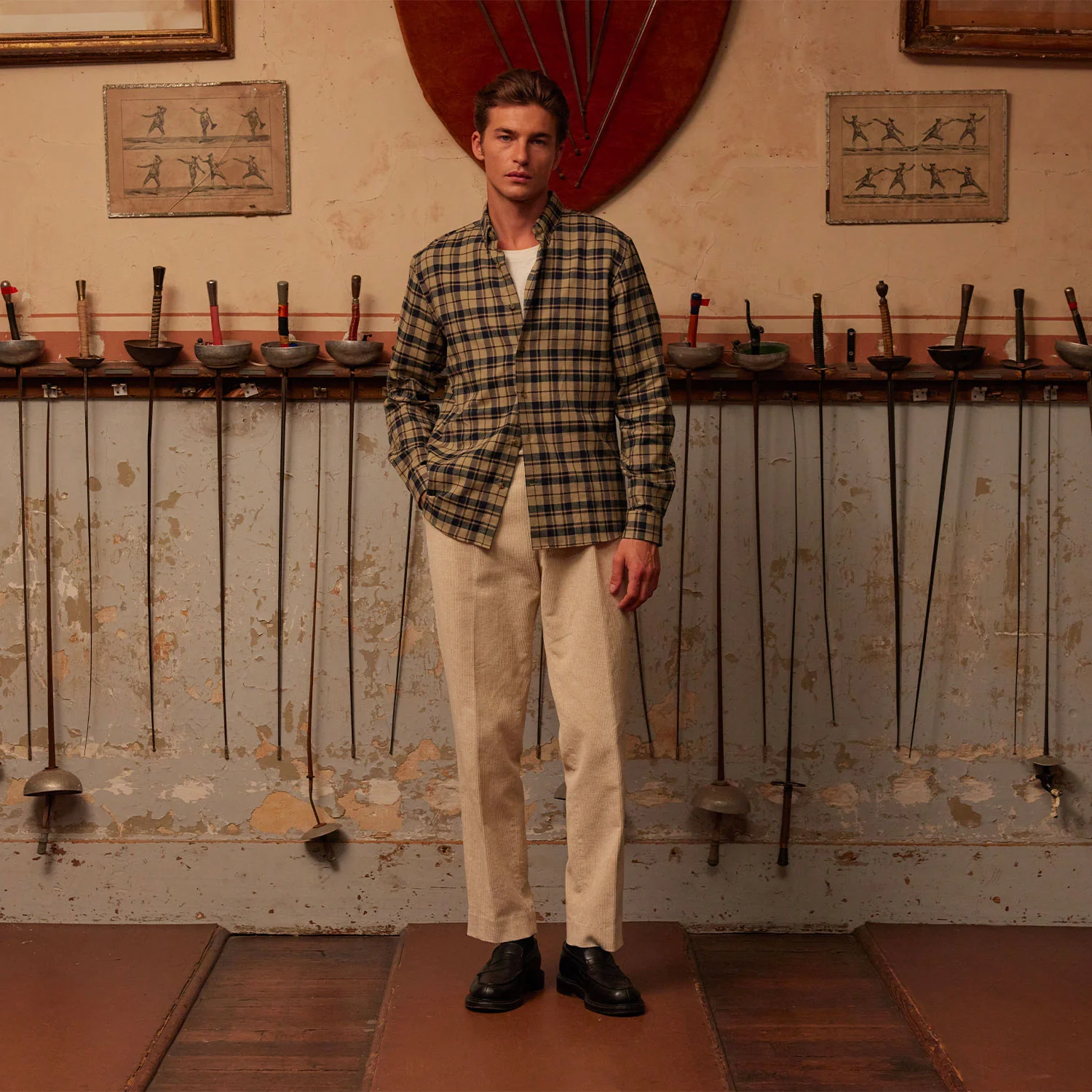 Beige checked flannel shirt