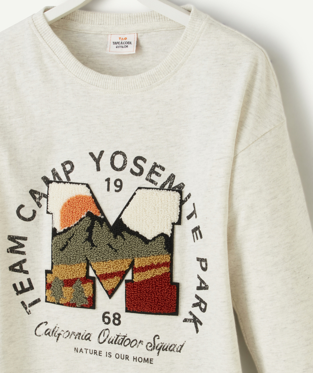 T-SHIRT GARÇON EN COTON BIO GRIS ET LETTRE EN BOUCLETTE MONTAGNE