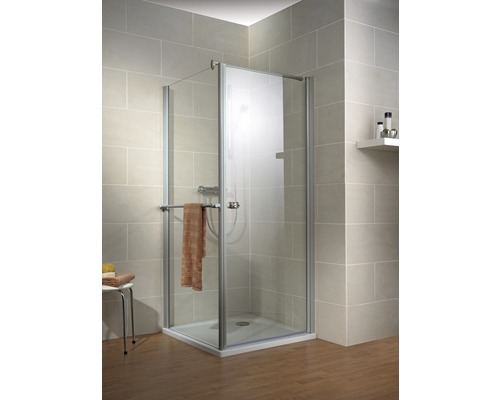Zijpaneel voor Schulte Garant draaideur, 80 cm breed, helder glas, aluminium profiel, met handdoekhouder