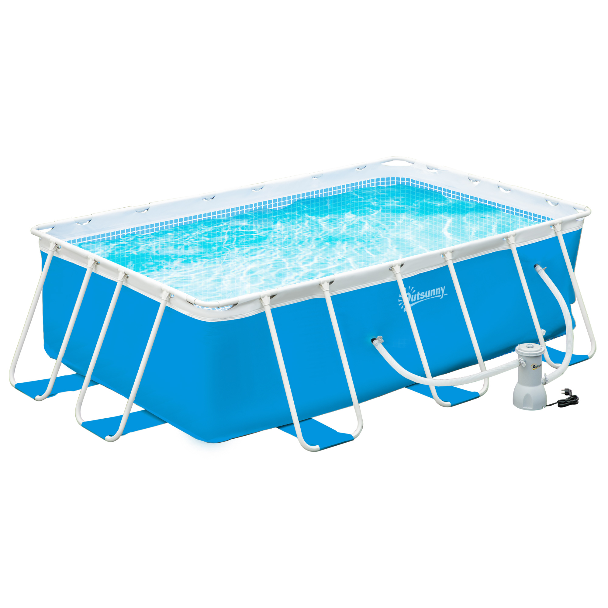 Piscina tubular retangular Outsunny de 340x215x80 cm para uso externo, com bomba de filtro de cartucho de 4.000 L/h, mangueiras de 100 cm de comprimento e estrutura de aço de 4.200 L, azul.