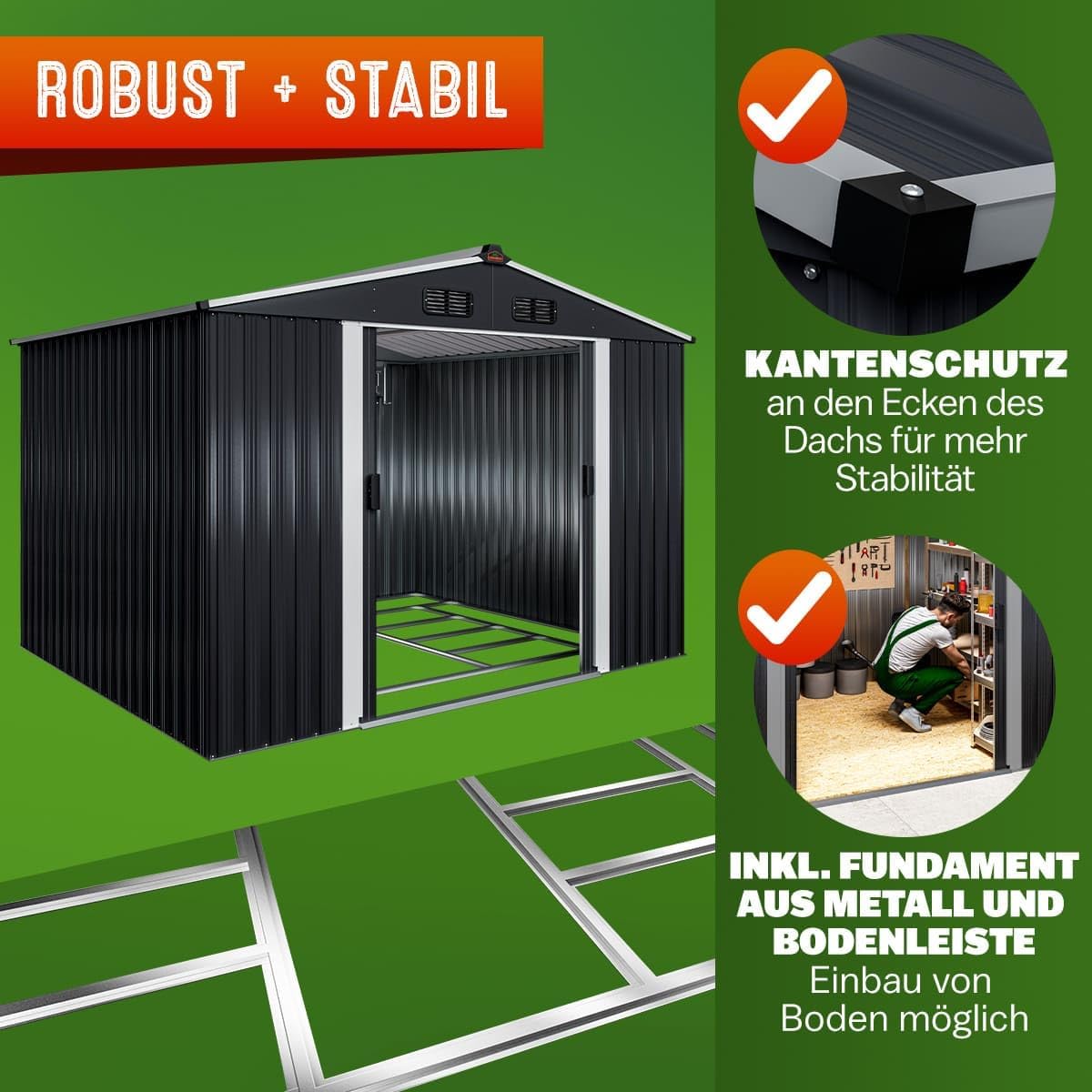 GARDEBRUK® XXL Metall Gerätehaus 5m² mit Fundament 260x205x180cm Schiebetür Metallic-Grau Geräteschuppen Gartenhaus 9m³