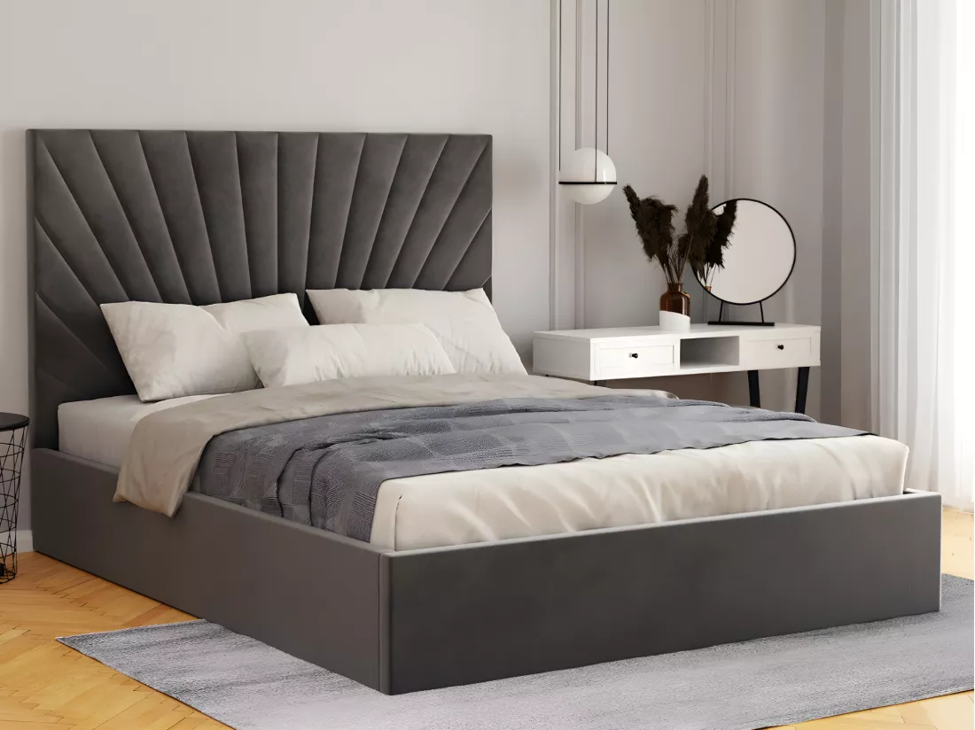 Lit coffre 140 x 190 cm - Velours - Gris anthracite + Matelas - RILIODA de Pascal Morabito