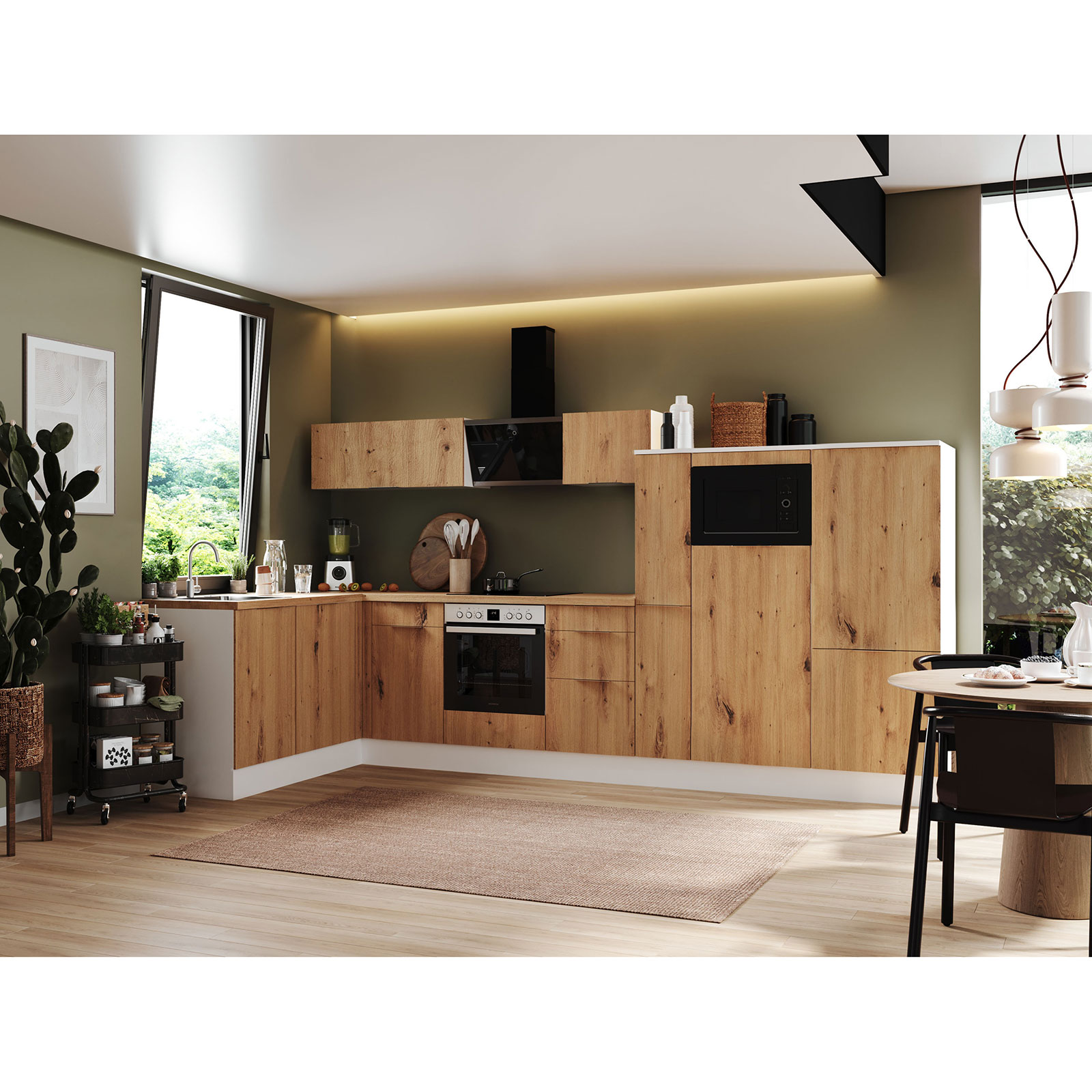 RESPEKTA Winkelküche - Artisan Eiche - weiß matt - mit E-Geräten - 370x175 cm