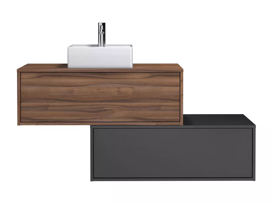 Meuble de salle de bain suspendu naturel foncé et anthracite avec simple vasque carrée et deux tiroirs - 94 cm - TEANA II