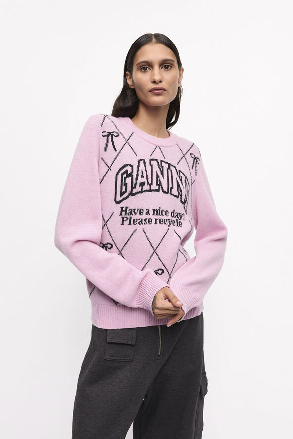 Ganni Graphic Wool Mix Bow Crewneck Mauve chalk