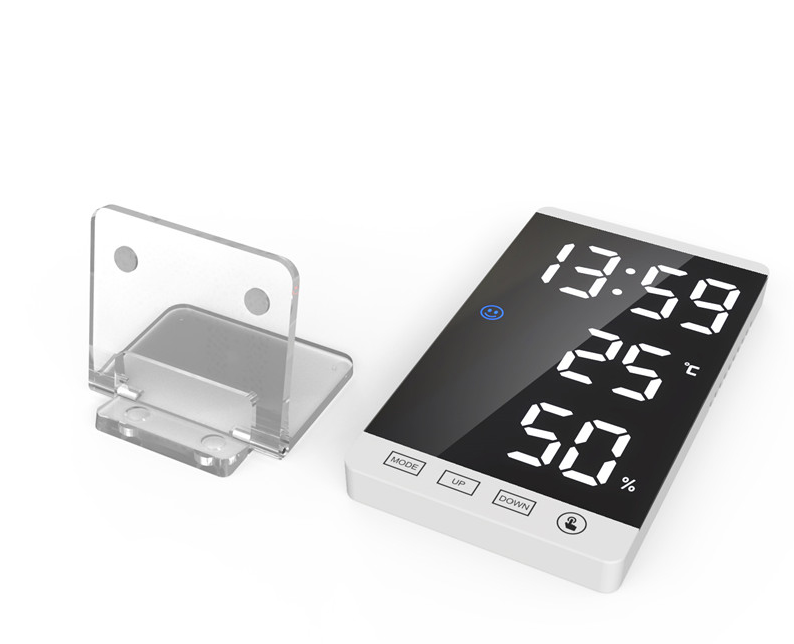 (15x9cm) Digitaler LED Wecker Dimmbar mit Spiegel / Thermometer / Hygrometer / USB A Ladeanschluss   Magnetischer Standfuss - Schwarz