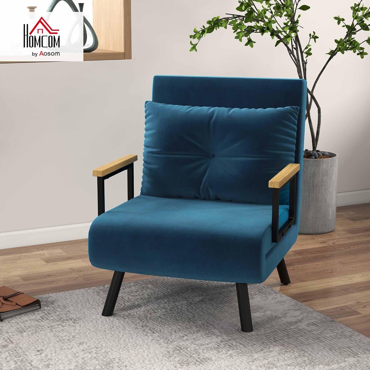 HOMCOM Schlafsessel 4 in 1 Sessel mit Schlaffunktion, 183 x 63 cm Klappbar Schlafsessel mit 5-stufig Verstellbarer Rückenlehne, Lendenkissen und Samtoptik für Wohnzimmer, Blau