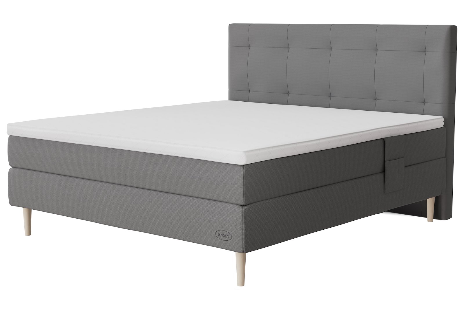Opal Jubileums-kontinentalseng Tekstil 392 grå, fast/ekstra fast, seamless, Sleep I overmadrass og Conic 18 cm hvitvasket ben + støtteben