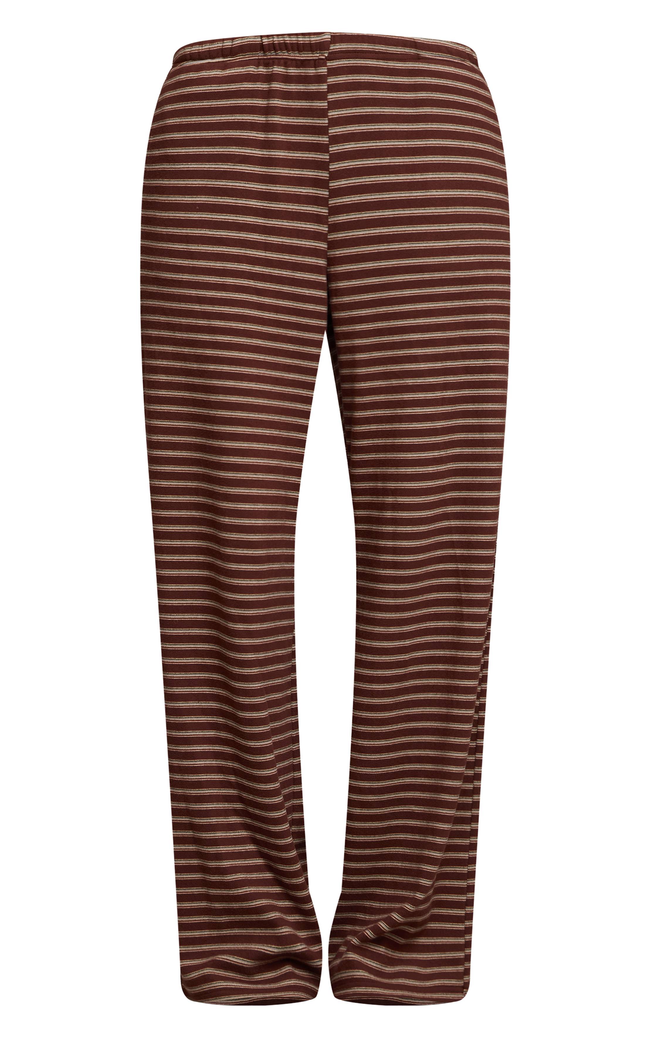 Marron Foncé Pantalon Droit Rayé En Polaire Douce